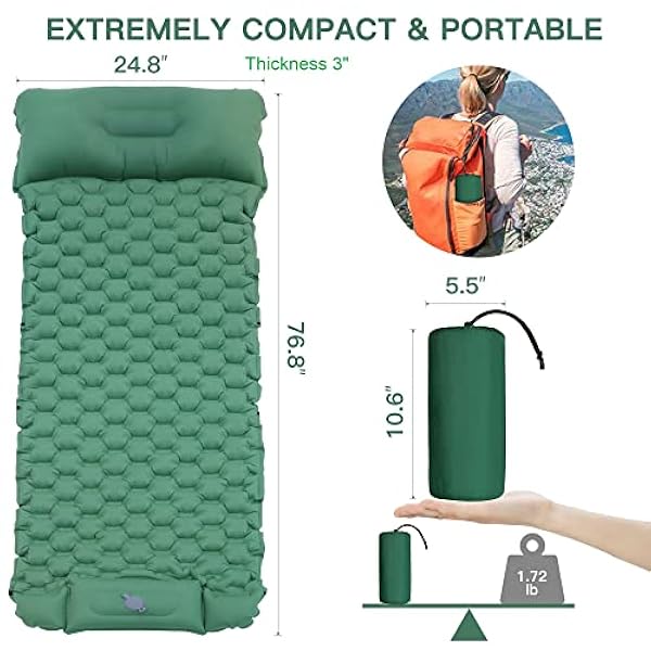 Camping Slaapkussen, IUZIT Ultralight Camping Mat met Kussen Ingebouwde Voetpomp Opblaasbare Slaapkussens Compact voor Camping Backpacken Wandelen